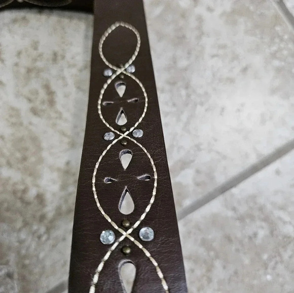 LULU NYC Womens Brown Western Cowgirl Belt Faux Leather Rhinestone Stitching Y2K - Picture 4 of 6